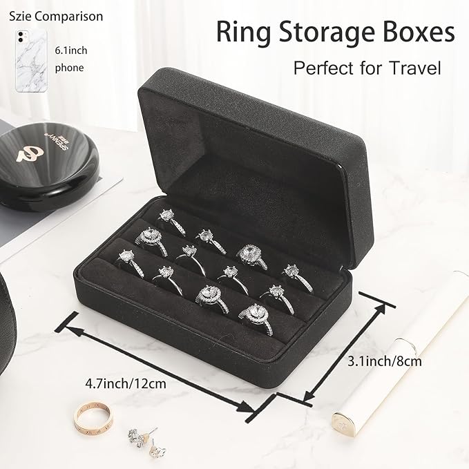 Ring Storage Boxes for Multiple Rings, Compact and Stylish Travel Jewelry case, Portable Small jewelry Organizer Box Tray Gift for Women, Girl(Black)