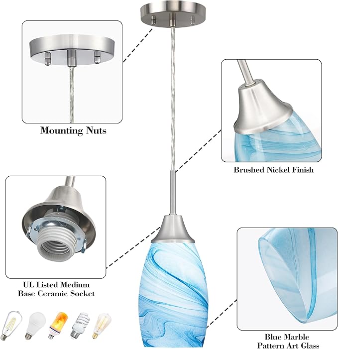 Mini Glass Pendant Light 1-Pack with Handblown Blue Marble Art Oval Glass Lamp Ceiling Hanging Light 4.72" Glass Chandelier for Dining Room Kitchen Foyer Hallway
