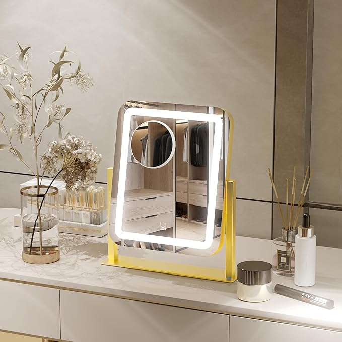 PRIMETEK Vanity Mirror with Lights, 16"x14" Large LED Lighted Makeup Mirror, Hollywood Makeup Mirror, Touch Screen, 3-Color Lighting, 5X Magnification, for Vanity Desk Tabletop, Bedroom, Gold