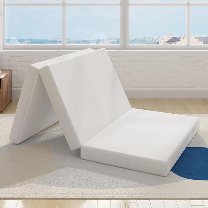Avenco Tri-fold Mattress - 4 Inch Single Size Portable Floor Mattress with Breathable & Washable Cover | Foldable Memory Foam Topper for Guest Room,RV,Travel,Camping,White
