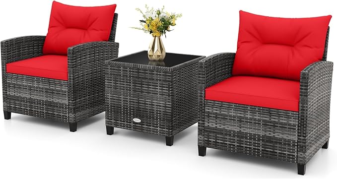 RELAX4LIFE Wicker Patio Furniture Sets - 3 Pieces Rattan Sofa Set, Outdoor Conversation Set with Tempered Glass Tabletop, Heavy-Duty Steel Frame, Wicker Chair Set for Poolside, Backyard (Grey-Red)