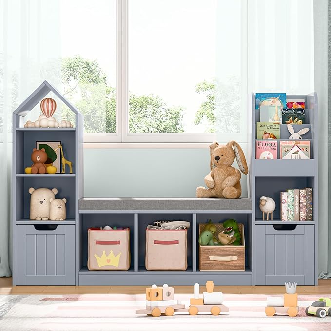 Kids Bookcase and Bookshelf with Reading Nook, Toy Storage Organizer for Kids, Grey Bookcase with 7 Storage Cubbies 2 Movable Drawers and Seat Cushion for Kids Room, Playroom, Bedroom