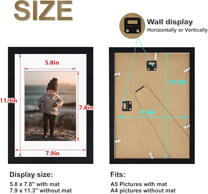 KINLINK A4 Picture Frame, Black Solid Wood Frames with Acrylic Plexiglass for Pictures A5 with Mat or A4 without Mat, Tabletop and Wall Mounting Display 4 Pack