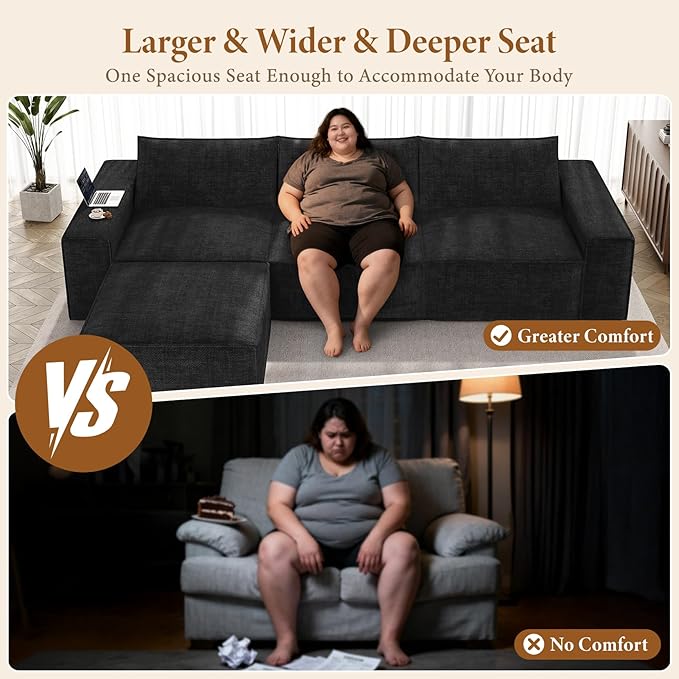 Vesgantti 114" Modular Sectional Boneless Couch, Modern 3 Seater Sofa with Ottoman & Deep Seat, Convertible Chenille L Shaped Cloud Couches for Living Room, No Assembly Required, Black