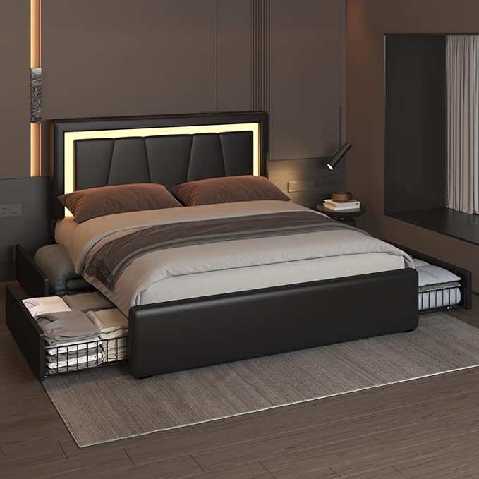 Full Bed Frame with 4 Storage Drawers and Adjustable Headboard, Upholstered Platform Bed with LED Lights and USB Ports, Solid Wooden Slats Support, Faux Leather, Easy Assembly, Black