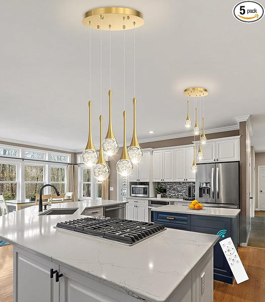 cenzoz 5-Lights Modern Pendant Lights for Kitchen Island LED Dimmable Chandelier Crystal Glam Ceiling Pendant Lighting for Dining Room Hallway Bedroom Lamp Antique Gold