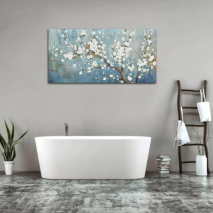 Elegant Flowers Canvas Wall Art - Plum Blossom Pictures for Wall Decor Rustic Turquoise Canvas Painting Nature Printing Artwork for Living Room Bedroom Home Office Wall Decoration 24" x 48"