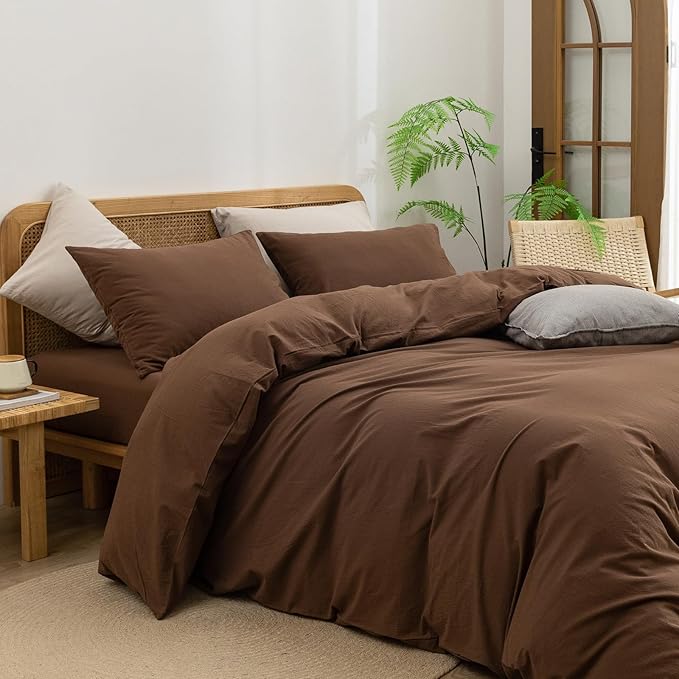 BESTOUCH Duvet Cover Set 100% Washed Cotton Linen Feel Super Soft Comfortable Chic Lightweight 3 PCs Home Bedding Set Solid Cocoa Brown Oversized Full