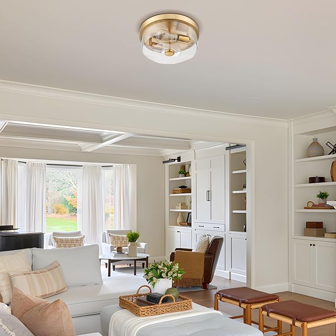 Gold Flush Mount Ceiling Light, 2-Light Hallway Light Fixtures, Modern Farmhouse Farmhouse Ceiling Light Clear Glass Brushed Gold Finish for Kitchen Porch Entryway