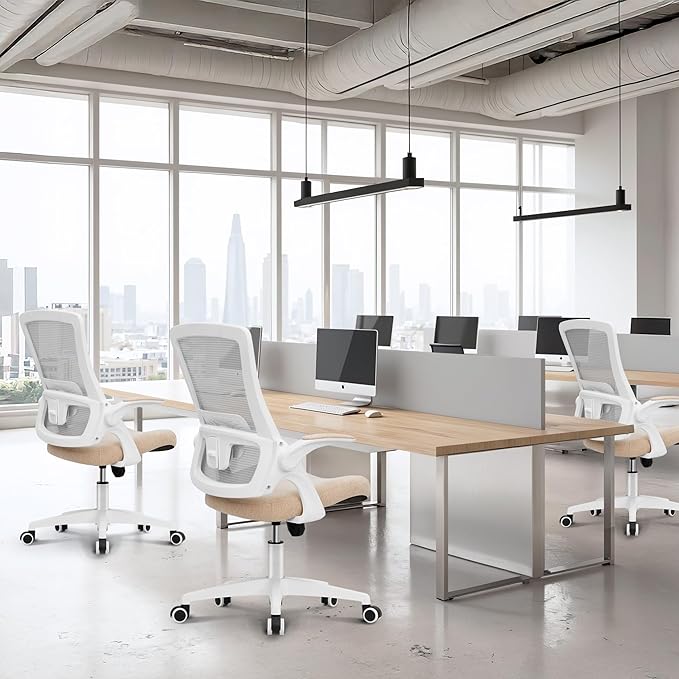 NEO CHAIR Office Desk Chair Computer High Back Mesh Gaming Seat with Ergonomic Adjustable Comfy Flip-up Armrests Lumbar Support Height for Home (Beige)