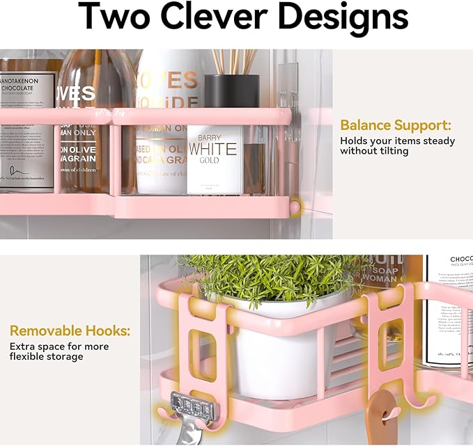 YASONIC Corner Shower Caddy Organizer, 3-Pack Self-Adhesive Rustproof Bath Shelves with Soap Holder & 4 Hooks, Large Capacity Shower Storage Rack for Bathroom Organization, Pink