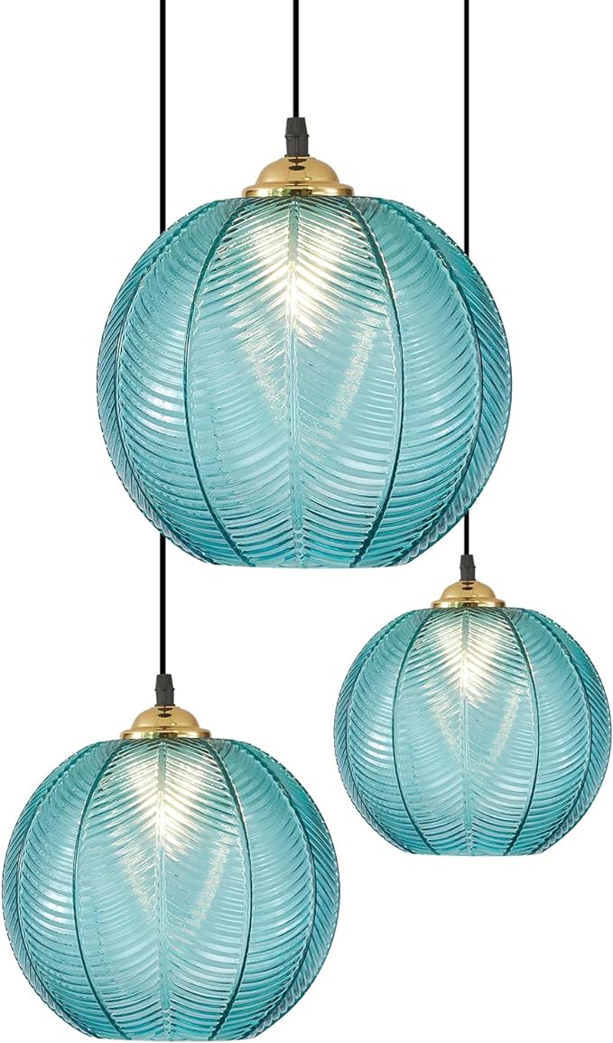 KCO Lighting Modern 3-Light Blue Striped Glass Pendant Light Fixture Nordic Glass Ball Cluster Chandelier Vintage Large Globe Pendant Lighting Mid-Century Black Island Light for Kitchen