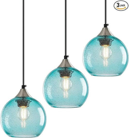 Light Blue Glass Pendant Lights Kitchen Island Globe Pendant Light Fixtures Modern Pendant Lighting for Bedroom Living Dining Room Light Fixture (5.9 in, 3 Pack)