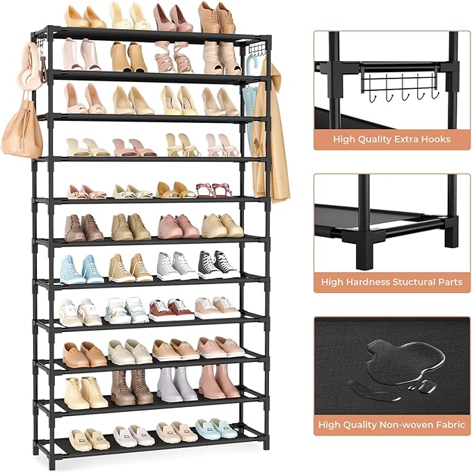 11 Tiers Tall Wide Shoe Rack 55 Pairs Large Capacity Sturdy Durable Shoe Rack for Closet Metal Shoe Organizer Shelf with Two Hooks Space Saving for Entryway Black
