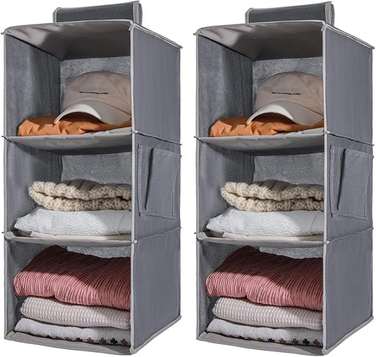 2 Packs Hanging Closet Organizer Stroage, 3-Shelf Hanging Shelves with Bamboo Inserts & Side Pocket, Grey
