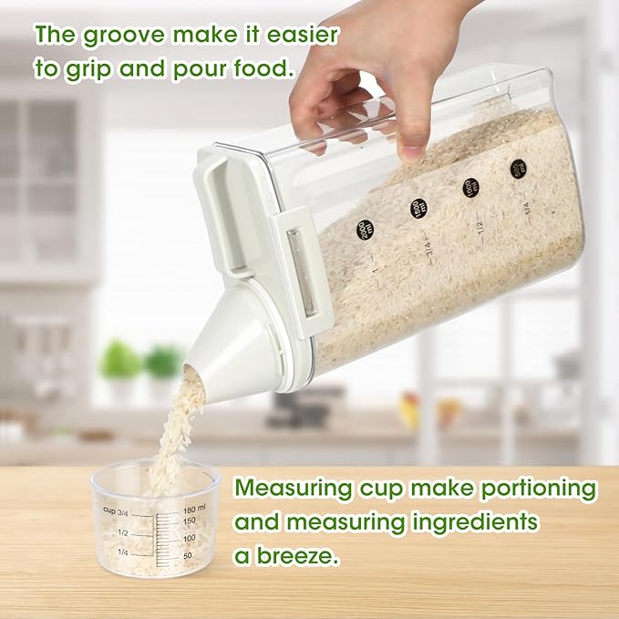 TBMax Rice Container, High Transparency PET Airtight Food Storage Container 2.64 Qt/4 Lbs, Kitchen Pantry Cereal Storage Container with Measuring Cup, Small Pet Cat Dog Food Container Dispenser -Beige