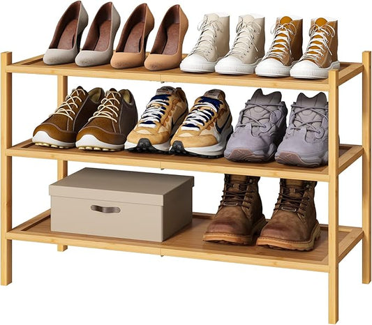 3-Tier Shoe Rack for Closet, Bamboo Wood Shoe Rack for Indoor & Outdoor, Stackable Shoe Organizer for Entryway (Natural, 3-Tier)
