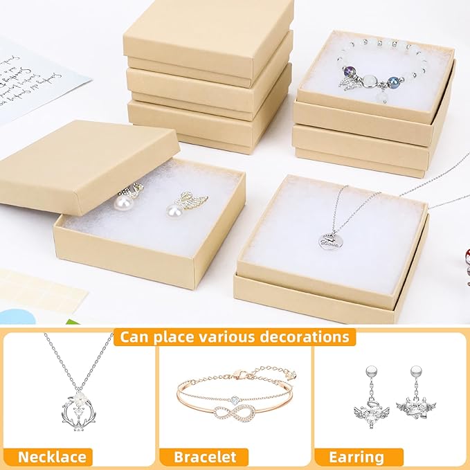 Jewelry Boxes, Cardboard Jewelry Gift Boxes, 40 Pack 3.5x3.5x1 Inch, Bulk Cotton Filled Small Jewelry Boxes with Lids for Necklace Ring Bracelet Earring Display Box (Brown)