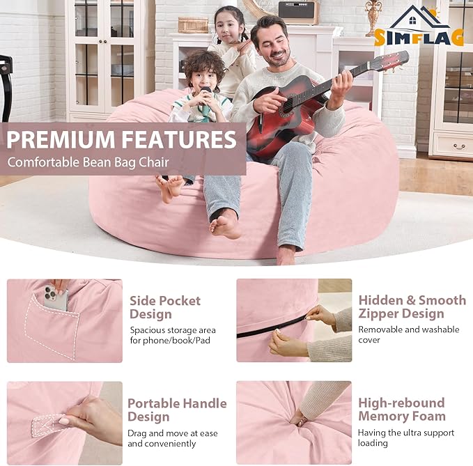 4FT Bean Bag Chair, Large Bean Bag Chairs with Memory Foam Filled, Fluffy Beanbag Sofa with Dutch Velvet Cover, Round BeanBag Chairs for Living Room, Playroom - Light Pink