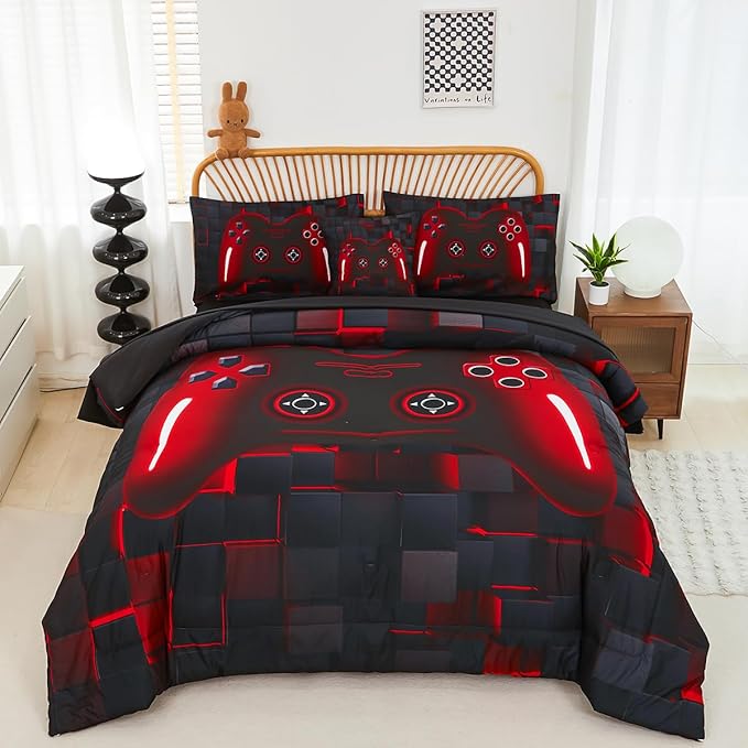 PERFEMET 6-Piece Boys Comforter Set Full Size Game Console Bedding Set for Kids Teen 3D Black and Red Gamepad Gaming Bed in a Bag Matching Sheet Set(Red, Full)
