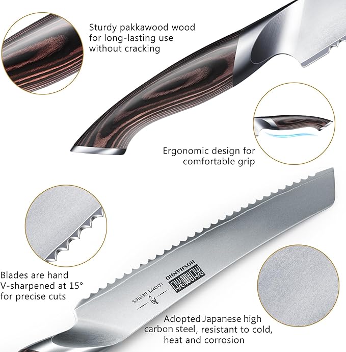 Bread Knife 8 inch, Japanese High Carbon Stainless Steel Serrated Bread Knife, Professional Bread Cutting Knife for Homemade Bread