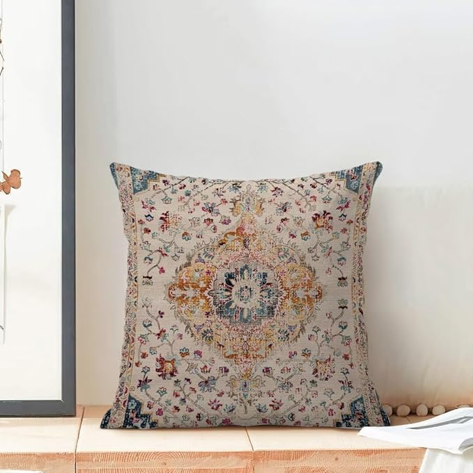 BETGINY Blue Orange Boho Throw Pillow Covers 18 x 18 Inch Pack of 2, Vintage Bohemian Carpet Pattern Decorative Pillow Cases Outdoor Ethnic Design Farmhouse Cushion Case for Home Sofa Decor