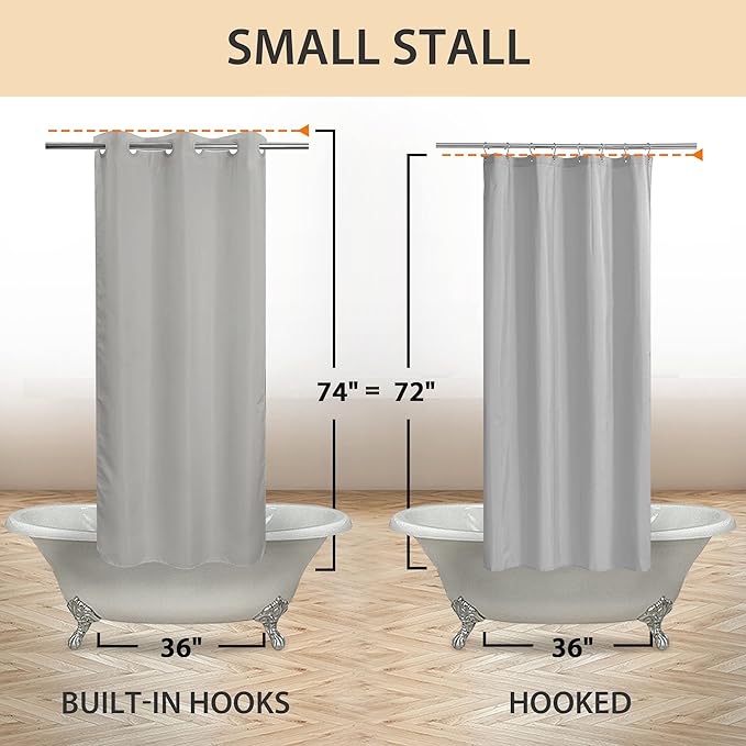 River Dream Stall Size No Hook Grey Shower Curtain Soft Microfiber - 36" Wide Small Fabric Shower Curtain Set for Narrow Stall, Waterproof & Washable, Bottom Magnets, Gray, 36x74