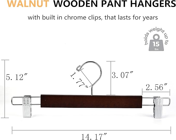 Amber Home 10 Pack 14.17" Solid Walnut Wooden Pant Skirt Hangers, Bottom Hangers for Slacks Trousers Jeans with 2-Adjustable Anti-Rust Clips (Walnut, 10 Pack)