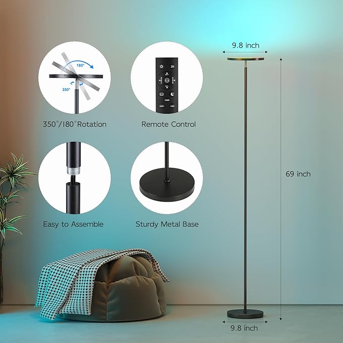 SUNMORY Smart RGB Floor Lamps for Living Room, 32W Bright LED Floor Lamp with APP and Remote Control, Tall Standing Lamp with Stepless Dimmable, Modern Torchiere Corner Lamp for Bedroom, Gaming Room