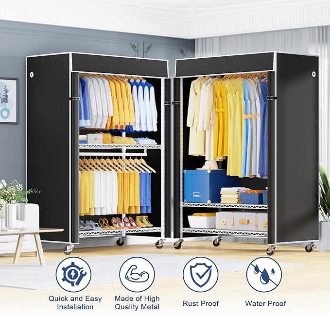 P8C Heavy Duty Clothes Rack（With Extended Width Design） Rolling Clothing Racks for Hanging Clothes with Lockable Wheels，51.2"W x 15.8"D x 80.5"H，Max Load 700LBS，White Rack with Black Cover