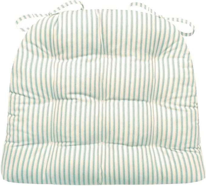 Barnett Home Decor Ticking Stripe Aqua Dining Chair Pad with Ties - 19 x 19 Size Large Chair Cushion - Latex Foam Fill - Machine Washable, Reversible, 100% Cotton, Made in USA (Turquoise)