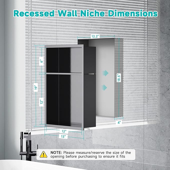 12" x 18" Stainless Steel Shower Niche – Recessed 2-Tier Shower Shelf, 12"x12" Upper & 12"x6" Lower Storage, Modern Bathroom Wall Niche (Black)
