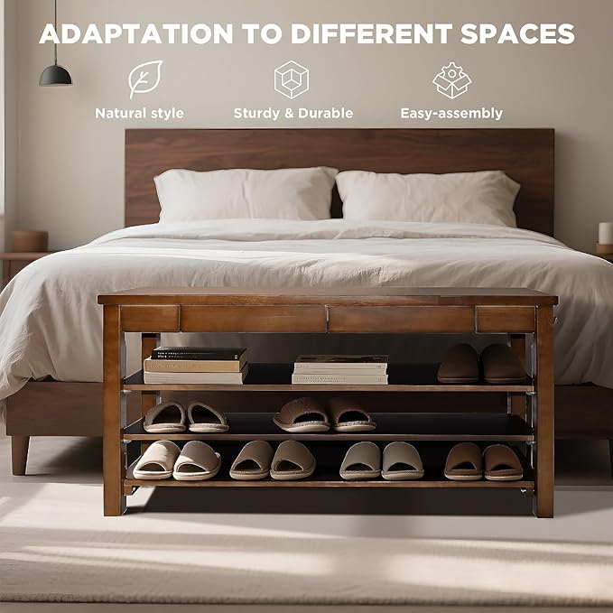 Wood Shoe Bench Entryway with Drawer: 3-Tiers Wooden Storage Shoe Rack with Bench Seat, Compact Mid-Century Modern Design for Entryway, Hallway,Closet,Front Door Entrance,Foyer Walnut 43.3"