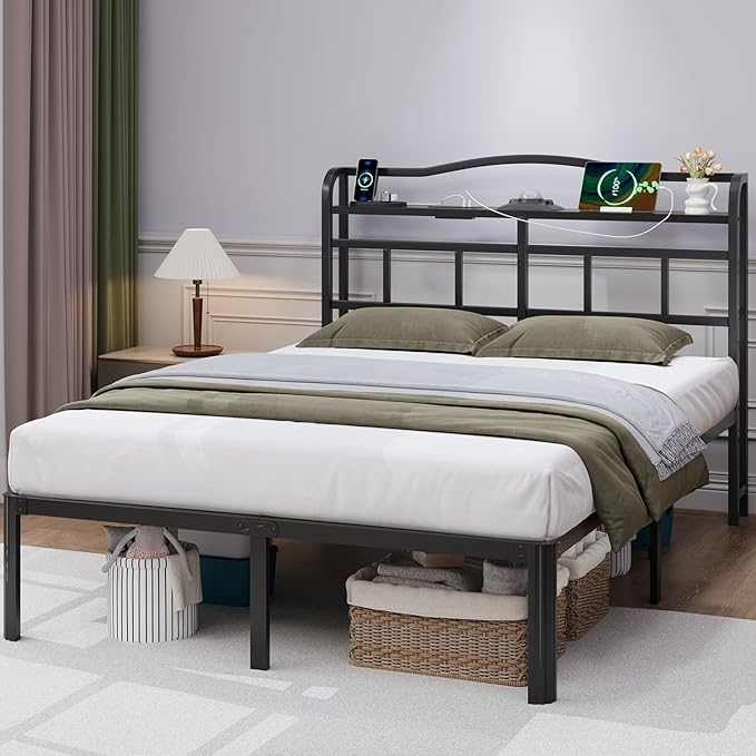 Full Bed Frame - Storage Headboard with Charging Station & Galaxy Aurora Projector, 14 Inch Sturdy Metal Platform Bed Frame No Box Spring Needed, Easy Assembly, No Noise, Black