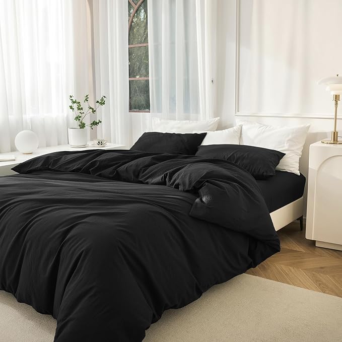 JIYUAN 100% Washed Cotton Duvet Cover Set 3 Pieces King, 1 Duvet Cover 104x90 Inches(Comforter Not Included) and 2 Pillowcases,Linen Feel Bedding Set Comfy and Breathable,Black