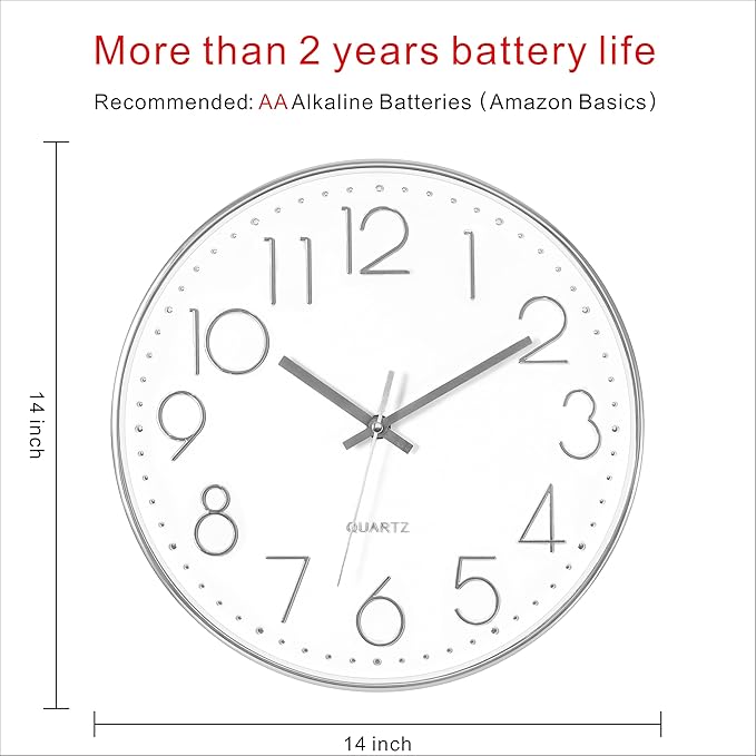 Foxtop 14 Inch Large Silver Wall Clock Silent Non-Ticking Battery Operated Round Quartz Modern Wall Clock Decorative for Living Room Bedroom Kitchen Home Office