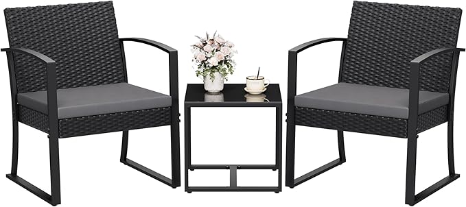 Homall Resin 3 Pieces Patio Furniture Set, Outdoor Bistro Set with Cushions and Glass Table, Conversation Set Rattan Chair for Porch, Balcony, Poolside, Garden (Grey)