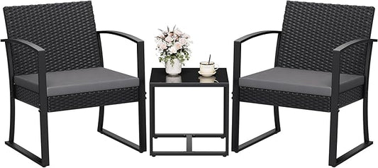 Homall Resin 3 Pieces Patio Furniture Set, Outdoor Bistro Set with Cushions and Glass Table, Conversation Set Rattan Chair for Porch, Balcony, Poolside, Garden (Grey)