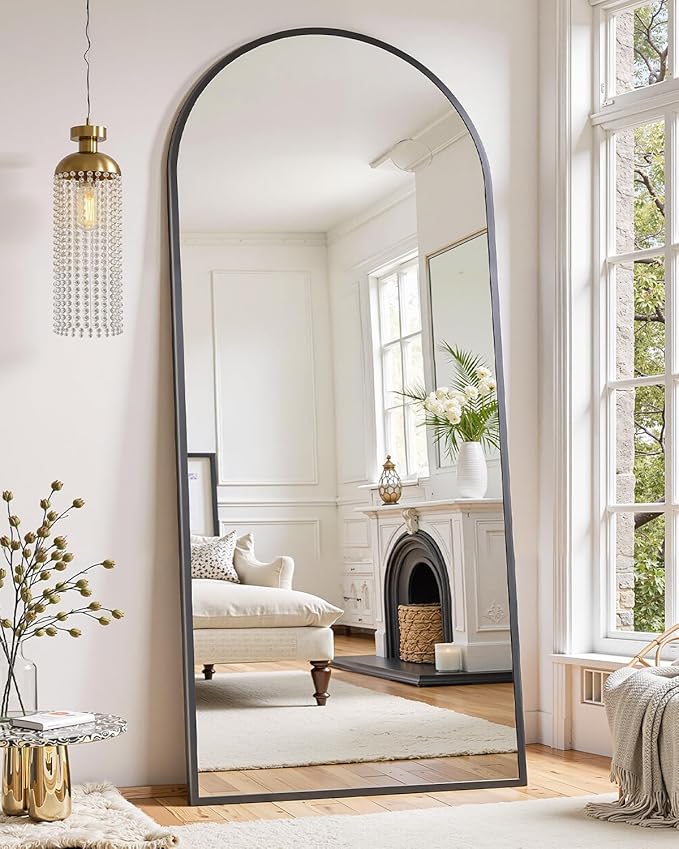 Suidia Full Length Mirror, 58"x18" Floor Standing Mirror Freestanding, Full Body Mirrors with Stand for Bedroom, Hanging Mounted for Living Room Cloakroom, Black, Arched Style