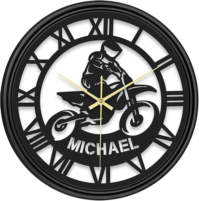 Personalized Name LED Wall Clock, Custom Vintage Vinyl Record Motorcycle Iron Art Clock, Hanging Clock with 7 Color Changing, Hanging Decor for Bedroom, Living Room, Home, Office, Housewarming