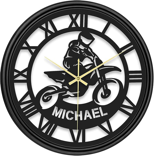 Personalized Name LED Wall Clock, Custom Vintage Vinyl Record Motorcycle Iron Art Clock, Hanging Clock with 7 Color Changing, Hanging Decor for Bedroom, Living Room, Home, Office, Housewarming