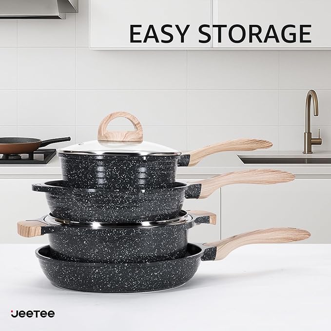 JEETEE 24Pcs Ceramic Cookware Set, Gray Pots and Pans Set Non Stick, Kitchen Healthy Non Toxic Induction Cookware Sets W/Saucepans, Sauté Pan, Griddle, Crepe Pan & Pancake Rake (PFOA, PFAS, PFOS Free)