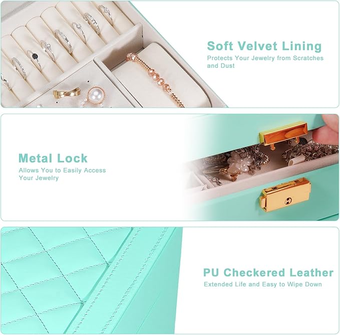 Jewelry Box for Women Girl Wife - Large PU Leather Jewelry Organizer Storage Case with Two Layers Display for Earrings Bracelets Rings Watches (Teal)