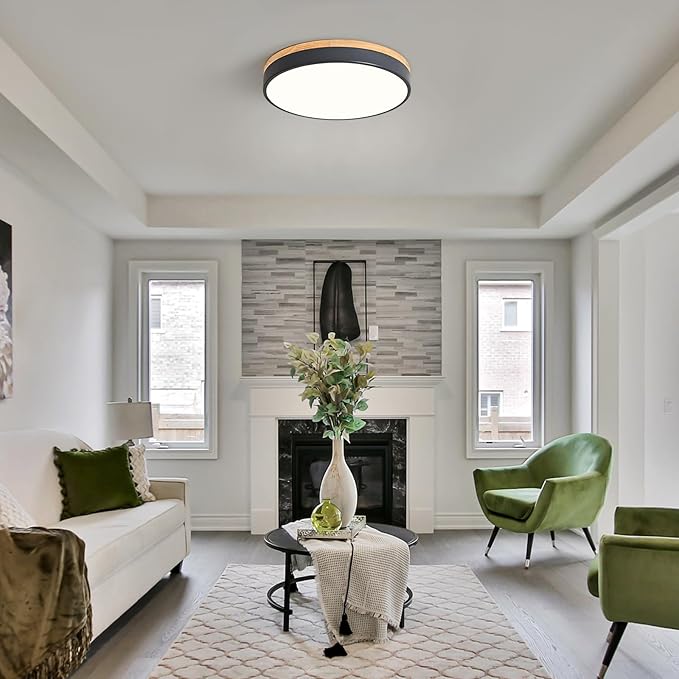 Dimmable Wood LED Close to Ceiling Light, Modern 2700K-6000K 5CCT Round Grey Flush Mount Light Fixtures, Minimalist Ceiling Lamp for Living Room, Dining Room, Bedroom, Kitchen-15.8in