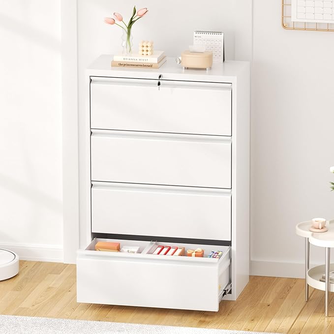 Greenvelly 4 Drawer Lateral File Cabinet with Lock, White Metal Filing Cabinet for Home Office, Locking Metal File Cabinet for Legal/Letter/A4/F4 Size with Hanging Bars&Key