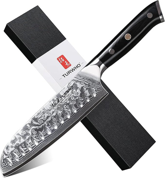 Professional Santoku Knife 7 inch - Classic Damascus pattern Japanese VG-10 Steel Chef Knife