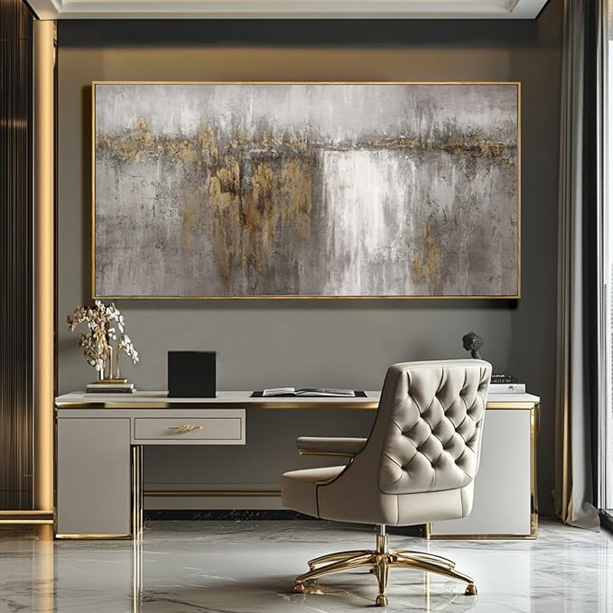 White and Gold Artwork for Walls Abstract Framed Poster Print 24"x48" Canvas Wall Art for Bedroom Neutral Artwork Decor for Office