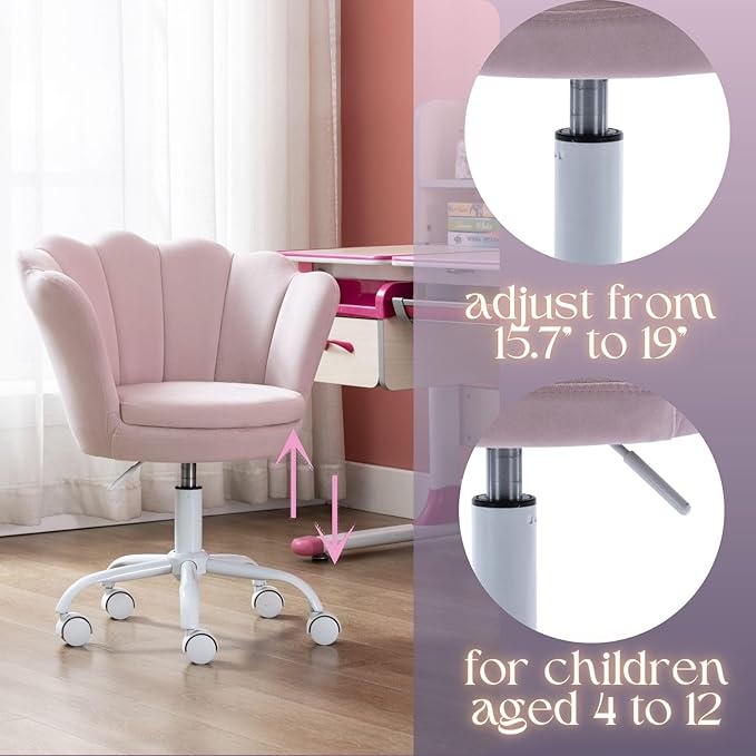 Pink Kids Desk Chair, Cute Velvet Adjustable Children Desk Chair Rolling Study Armchair Upholstered Computer Chair Shell Back 360° Swivel Vanity Chair for Teen Boys Girls Bedroom Study