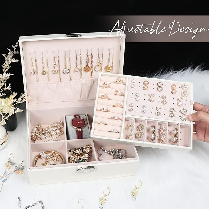 Jewelry Box for Women Girls, 2 Layers Jewelry Organizer Container with Lock, PU Leather Storage Case with Removable Tray, Jewelry Display Box for Necklaces Earrings Bracelets Rings Watches - White