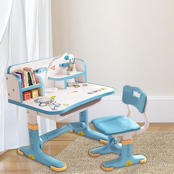 Children Learning Desk and Chair Set Learning Desk Height Adjustable with Drawer Wide Desktop Cartoon Pattern Table and Chair Set Suitable for Reading, Learning, Writing, Painting, Etc Blue